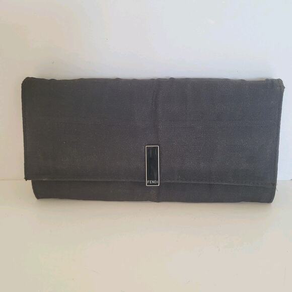 Fendi Zucca Nylon Leather Wallet Wallet Black Envelope Large Logo Clasp - Picture 1 of 13